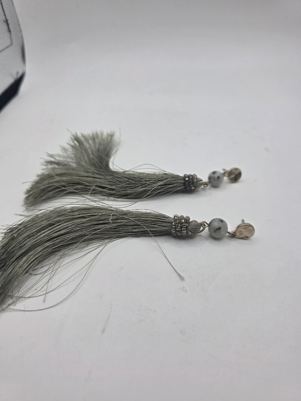 Vintage Boho Long Grey Tassel Drop Earrings Spot Stone Bead Hammered Gold Disc